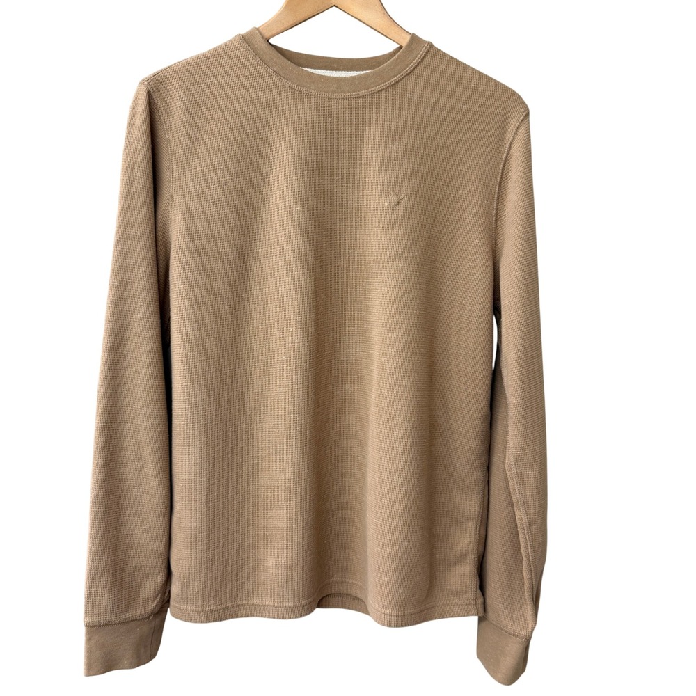 American Eagle Mens Waffle Knit Thermal Shirt Cotton Size Medium Tan Layer Logo